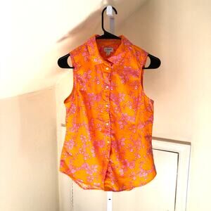 J. Crew Factory EUC Women's Orange Floral Button Down Sleeveless Blouse S